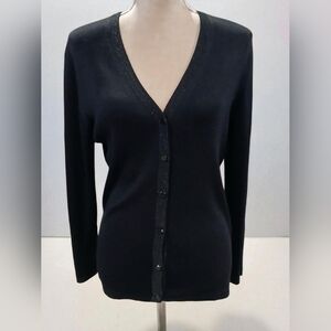 Alex Garfield Silk Blend Vneck Black Ribbed Cardigan Sweater Metallic Womans Med
